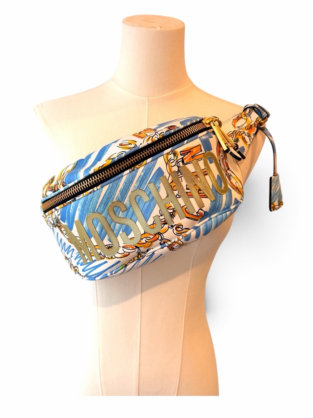 Moschino Blue, White & Gold Logo Crossbody Belt Bag